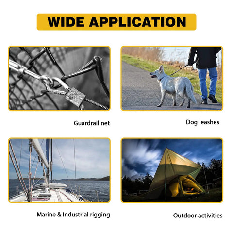 Applications of 325 Piece Aluminum Wire Rope Ferrule Kit With Crimping Loop Sleeves for guardrail, dog leash, marine, camping.