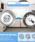 Close-up of two stainless steel kitchen sink drain strainers with instruction note, featuring 3 Piece Kitchen Sink Drain Strainer And Stopper Set Stainless Steel Garbage Disposal Plug With Handle Universal Fit Anti Clog Filter Basket Sieve For Most Three And A Half Inch Drains focus keyword displayed.
