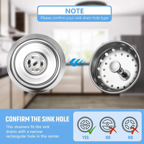 Close-up of two stainless steel kitchen sink drain strainers with instruction note, featuring 3 Piece Kitchen Sink Drain Strainer And Stopper Set Stainless Steel Garbage Disposal Plug With Handle Universal Fit Anti Clog Filter Basket Sieve For Most Three And A Half Inch Drains focus keyword displayed.