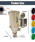 Reliable Workhorse Heavy Duty Plastic Hopper Dryer Machine With 15Kg Capacity Stainless Steel Body For Injection Molding Pvc Abs Pp Pe Pellets Smart Temp Control 220V 2 7Kw dimensions displayed alongside colorful plastic pellets.