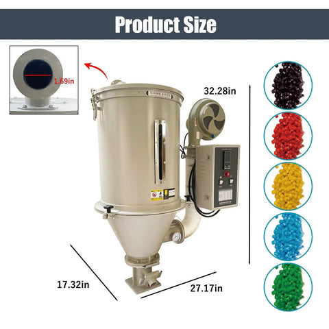 Reliable Workhorse Heavy Duty Plastic Hopper Dryer Machine With 15Kg Capacity Stainless Steel Body For Injection Molding Pvc Abs Pp Pe Pellets Smart Temp Control 220V 2 7Kw dimensions displayed alongside colorful plastic pellets.