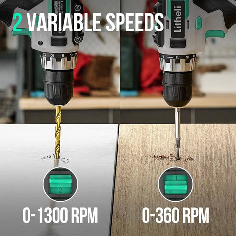 Cordless Drill Kit With 20V Max Power, 3/8 Inch Keyless Chuck demonstrating variable speed drilling on wood and metal