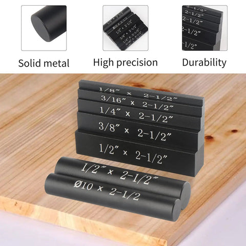 Seven Piece Beefy Aluminum Setup Blocks Height Gauge Set For Router And Table Saw with laser engraved size markings displayed on table