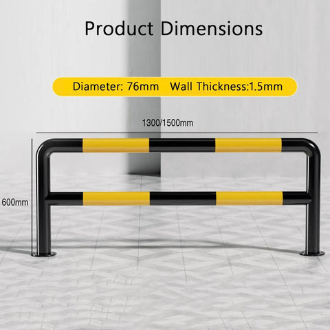 Heavy Duty U Shaped Guardrail Safety Barrier For Garages And Industrial Spaces Protect Walls And Cars With A Double Layer Anti Collision Bar Beefy Rugged Build Yellow With Black Stripe Industrial Grade Steel 150x60cm, dimensions shown