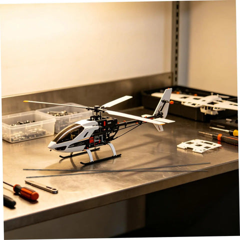 Model helicopter on workbench with tools and Beefy Carbon Fiber Rods 1.64 ft Long 0.08 in Diameter, 10 Pack Round Bar nearby