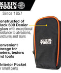 Heavy Duty Multimeter Carrying Case With Rugged 600D Nylon Material And Secure PVC Zipper Built For Durable Meter And Tool Storage For Meters Testers And Gear Pro Grade Worksite Ready Travel Ready standing with label visible