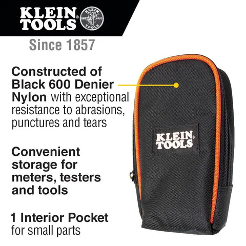 Heavy Duty Multimeter Carrying Case With Rugged 600D Nylon Material And Secure PVC Zipper Built For Durable Meter And Tool Storage For Meters Testers And Gear Pro Grade Worksite Ready Travel Ready standing with label visible