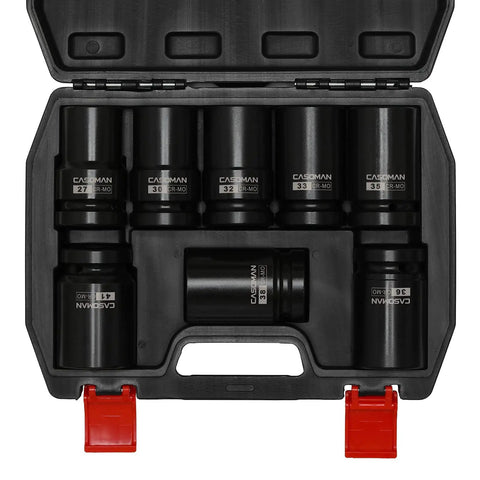One-Inch Drive Deep Impact Socket Set for Wheel Nuts, 6-point metric sockets in case, CR-MO steel, sizes 27mm-41mm