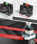 22mm 3 Position Momentary Key Switch With 2 Normally Open Contacts For Industrial Machinery And Control Panels Removable Key 660VAC 10A Rating Durable Plastic Housing Easy Mounting High Reliability, shown with NO and NC contacts