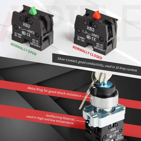 22mm 3 Position Momentary Key Switch With 2 Normally Open Contacts For Industrial Machinery And Control Panels Removable Key 660VAC 10A Rating Durable Plastic Housing Easy Mounting High Reliability, shown with NO and NC contacts