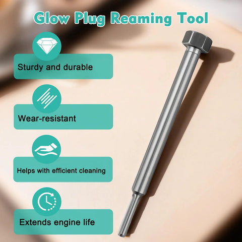 Duramax Glow Plug Bore Reamer Tool For 6.6L 3.0L 2.8L Diesel Engines with alloy steel, highlighting features and benefits.