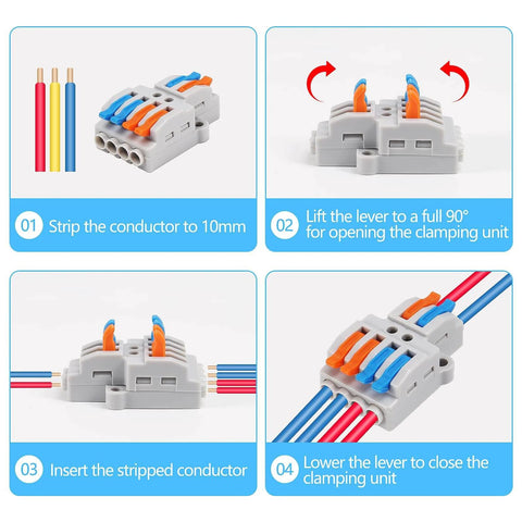 Lever Wire Connectors Pack Of 20, 2 In 4 Out Quick Wire Connectors Push In Conductor Terminal Block For AWG 28-12 with installation steps
