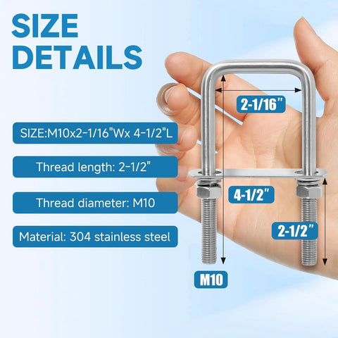 Square U Bolts Set 2 Inch Wide M10 Stainless Steel 304 Includes Wrench Four Pack For Trailer Auto Machinery And Marine Use Easy Install