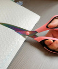 Ribbon Scissors Set All Purpose Titanium Blades Stainless Steel Sharp Scissors With Comfort Grip Handles Three Pack Pink And Black For Paper Fabric Crafting And Office Use, pink handle close-up cutting bubble wrap