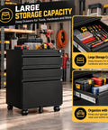 Rock Solid Heavy Duty Metal Rolling Tool Cabinet With Lockable Drawers And Non Slip Rolling Wheels, showcasing organized tools in deep drawers.
