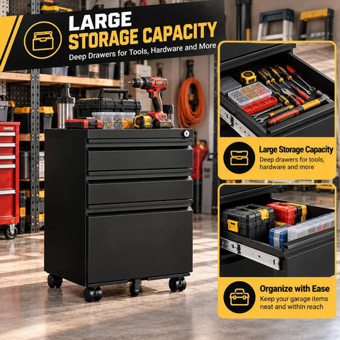 Rock Solid Heavy Duty Metal Rolling Tool Cabinet With Lockable Drawers And Non Slip Rolling Wheels, showcasing organized tools in deep drawers.
