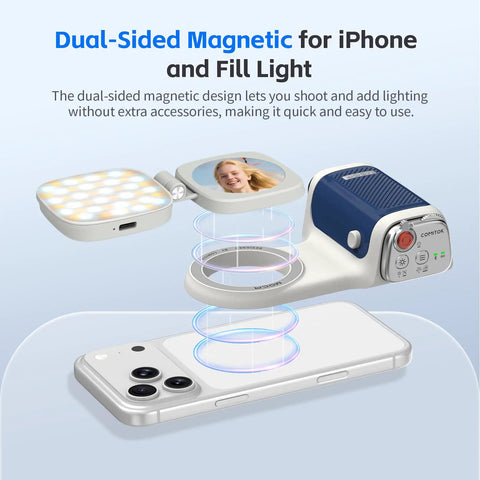 Magnetic iPhone Camera Grip With LED Fill Light And Mirror for iPhone 17 Pro showing dual-sided magnetic feature.