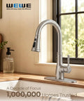 Vintage Kitchen Faucet With Pull Down Sprayer In Brushed Nickel Finish, featuring a high arc spout, installed in a modern kitchen.