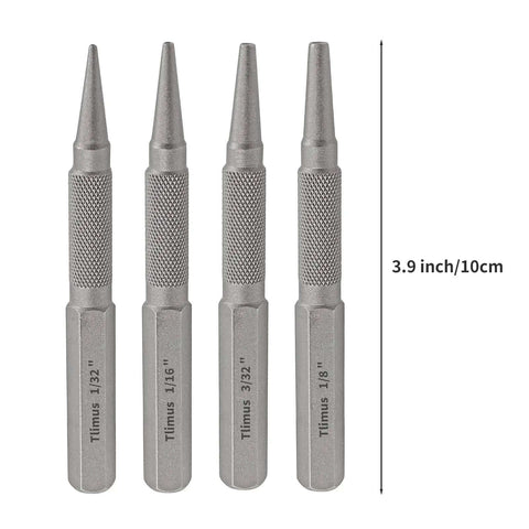 4 Piece Nail Punch Set Center Punch Kit Includes 1/32 1/16 3/32 And 1/8 Inch Nail Setter Tools For Carpentry And Woodworking