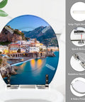 Chill Coast Vibe Slick Round Resin Toilet Seat With Thatched Umbrella And Seaside Shell Print Quiet Slow Close Lid Quick Release Mount Zero Hassle Upgrade For American Standard Toilets with coastal town design.