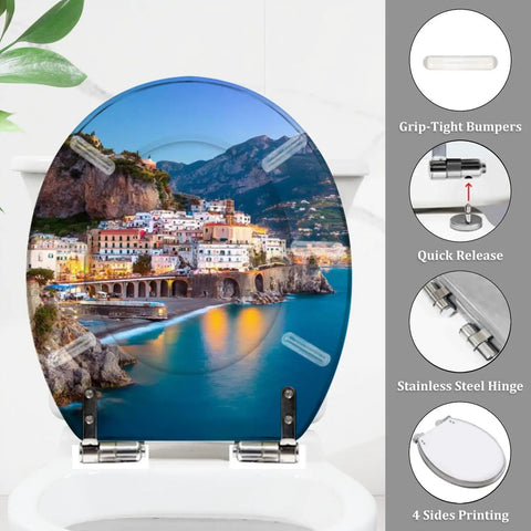 Chill Coast Vibe Slick Round Resin Toilet Seat With Thatched Umbrella And Seaside Shell Print Quiet Slow Close Lid Quick Release Mount Zero Hassle Upgrade For American Standard Toilets with coastal town design.