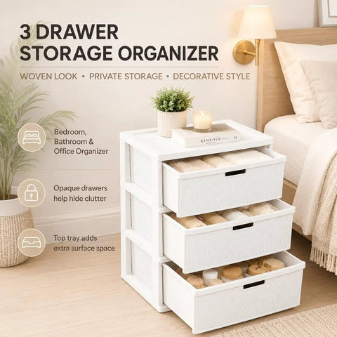 Wide Three Drawer Plastic Storage Tower With Cross Weave Removable Bins For Keeping Your Space Looking Fresh While Solidly Organizing Clothes And Daily Essentials