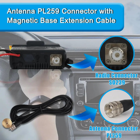 Antenna PL259 connector with magnetic base cable on car dashboard, showing radio S0239 and antenna connectors.