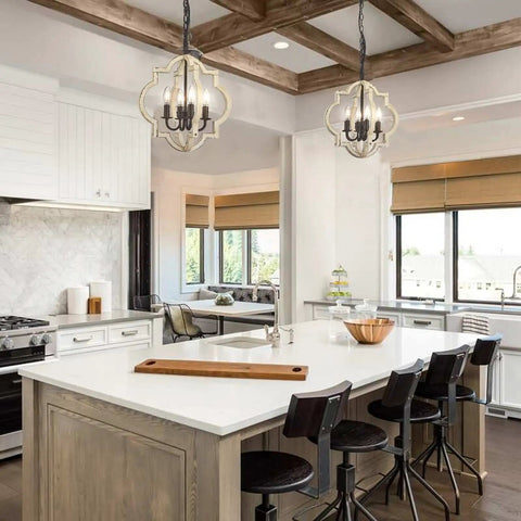 Rustic Wood Four Light Chandelier With Adjustable Suspension Chain For Foyers, Dining Rooms, visible over kitchen island.