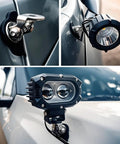Close-up of LED Light Bar Hood Mounting Brackets Set For Engine Hood 2 Pack Universal Clamp On Hood Lights Mounts on vehicle