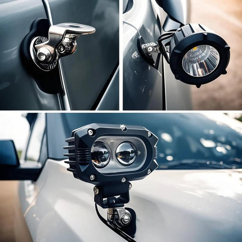 Close-up of LED Light Bar Hood Mounting Brackets Set For Engine Hood 2 Pack Universal Clamp On Hood Lights Mounts on vehicle