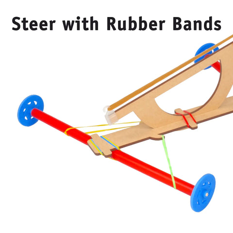 Hands On Rubber Band Propeller Car Kit 10 Pack For STEM Projects Kids 8 And Up, showing laser-cut parts with wheels and rubber bands