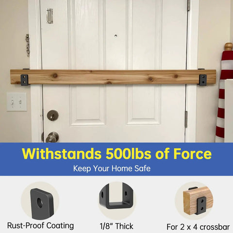 Installed Beefy U Shaped Door Barricade Brackets For 2x4 Wood Reinforcement Industrial Grade Steel Security Brackets For Doors Gates Sheds Basements Black 3mm Heavy on white door.