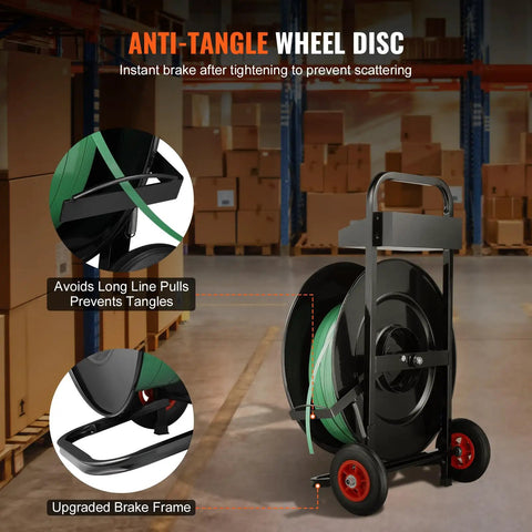 Heavy Duty Banding Strapping Cart Smooth Operator Rig For Pet Pp And Fiber Rolls Featuring Easy Slide Anti Retreat Pulleys and Locked Down Brakes Ready For The Daily Warehouse Grind with anti-tangle wheel disc.