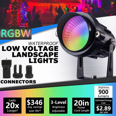All In One RGBW Low Voltage Landscape Lighting Kit With Transformer And Timer Plug And Play Dusk To Dawn Ready 12V 24V Outdoor LED Color Changing Pathway Lights For Garden Wall Tree ETL Listed 10 Pack waterproof detail