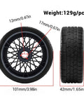 RC Car Tire Upgrade Kit With 4 Rubber Tires And 17mm Hex Hubs For 1/7 And 1/8 Scale Off Road RC Cars Boost Traction On Mud And Gravel Boss Grip And Shock Absorption Durable Black Wheel Set showing side and front view with dimensions