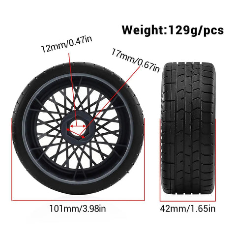 RC Car Tire Upgrade Kit With 4 Rubber Tires And 17mm Hex Hubs For 1/7 And 1/8 Scale Off Road RC Cars Boost Traction On Mud And Gravel Boss Grip And Shock Absorption Durable Black Wheel Set showing side and front view with dimensions