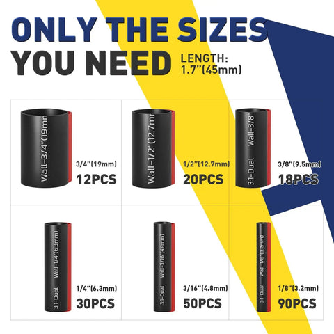 3 To 1 Shrink Ratio Heat Shrink Tubing Kit With Adhesive Lined, Marine Grade, six sizes chart, black and red tubes shown