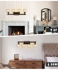 Farmhouse Wood Vanity Light Fixture With Four Lamps Over Mirror, Rustic Sconce Lighting in living room and bedroom settings