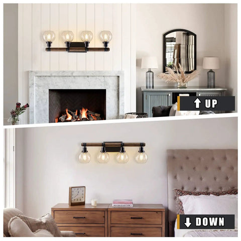 Farmhouse Wood Vanity Light Fixture With Four Lamps Over Mirror, Rustic Sconce Lighting in living room and bedroom settings