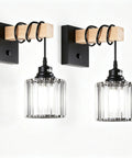BANGANMA 2-Pack Black Farmhouse Hardwired Wall Sconces Crystal for Bathroom, featuring wood and metal design with clear glass shades.