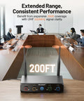 4 Channel UHF Wireless Conference Microphone System with 4 Gooseneck Mics Up To 200 Feet Range, shown in a conference room setup.