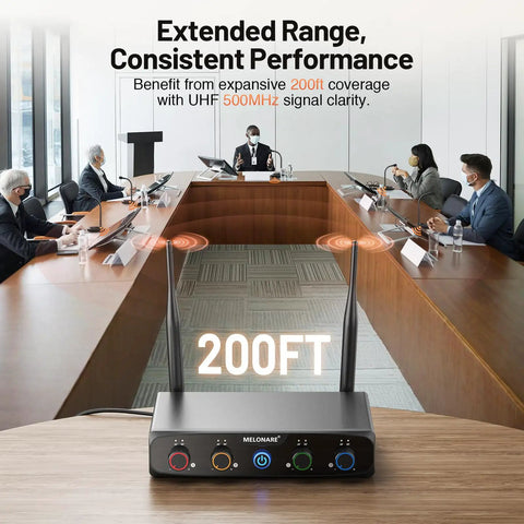 4 Channel UHF Wireless Conference Microphone System with 4 Gooseneck Mics Up To 200 Feet Range, shown in a conference room setup.