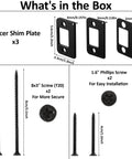 Universal Door Strike Plate Shim Forged From Black Hardened Stainless Steel includes 3 spacer shims and installation screws.