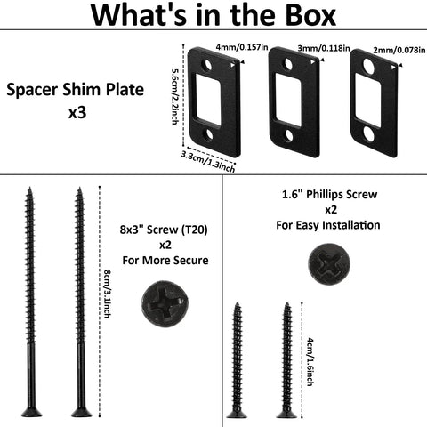 Universal Door Strike Plate Shim Forged From Black Hardened Stainless Steel includes 3 spacer shims and installation screws.