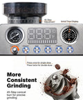 Close-up of the Badass 20 Bar Espresso Machine With Built In Anti Static Grinder and 45 Precision Grind Settings controls.