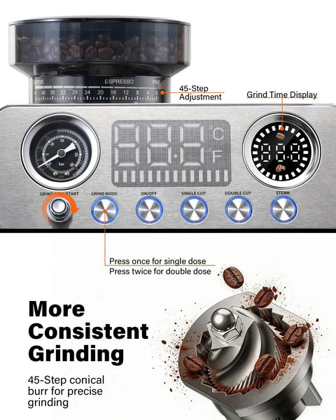 Close-up of the Badass 20 Bar Espresso Machine With Built In Anti Static Grinder and 45 Precision Grind Settings controls.