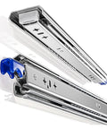 Heavy Duty Industrial Drawer Slides Rock Solid Pair 38 Inch Full Extension Cold Rolled Steel with blue locking mechanism.