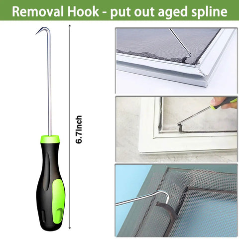 Three In One Screen Repair Kit With Nylon Roller, Steel Roller And Removal Hook shown removing aged spline