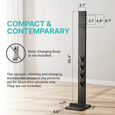Durable Aluminum Vacuum Stand For Dyson Gen5 V15 V12 V11 V10 V9 V8 V7 V6 Cordless Vacs with size dimensions shown, black finish.