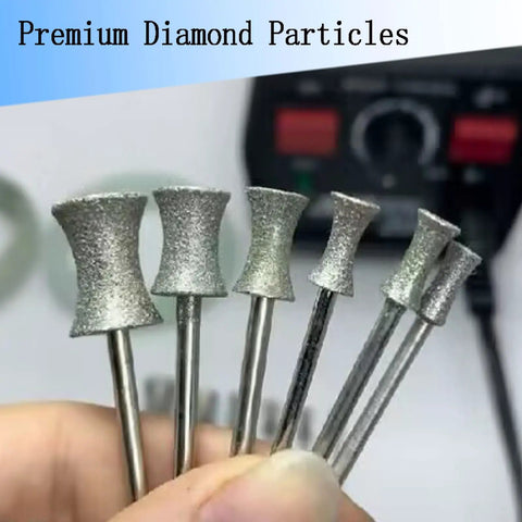 Six Piece Concave Arc Diamond Burr Set Coarse Grit Diamond Mounted Grinding Bits For Bracelet And Ring Making With Rotary Tool And Die Grinder 4mm To 12mm shown in hand